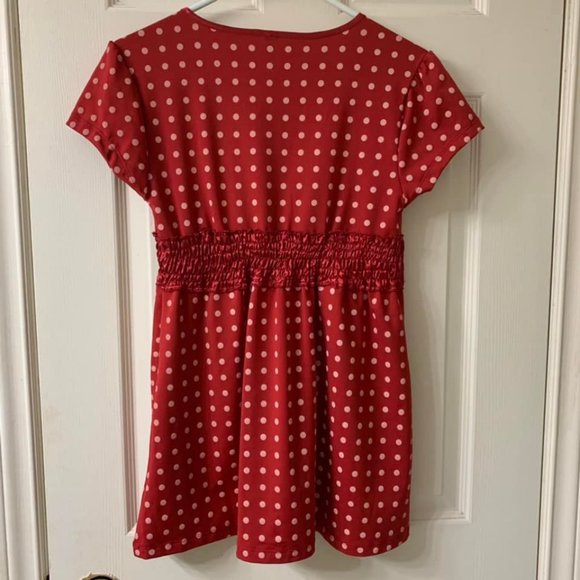 🌷3 for$20🌷TSC, US M, Red Polka Dot Shirred Waist V-Neck Cap Sleeved Top - Picture 4 of 9